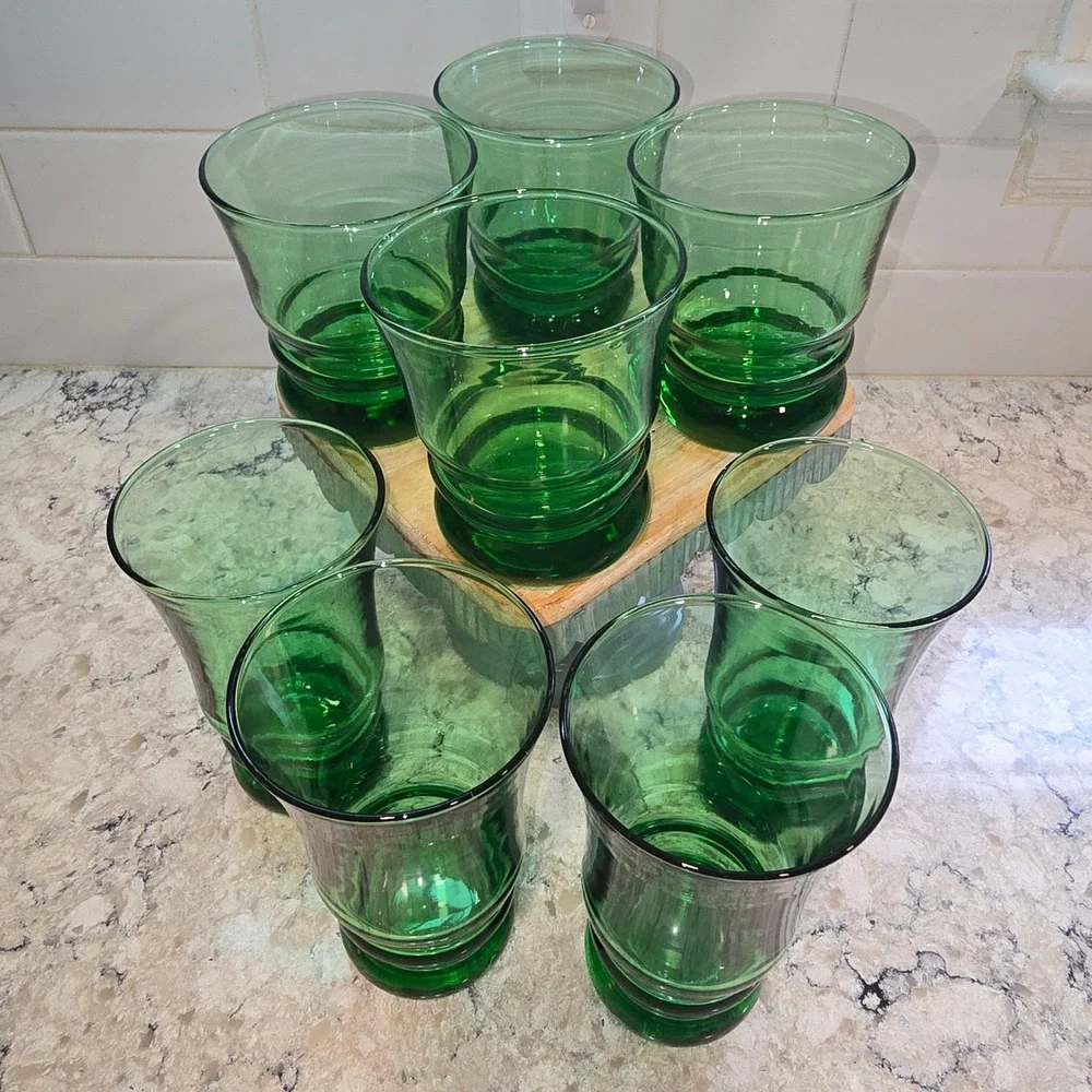 Anchor Hocking Forest Green Mid Century Drinking Glasses Set of 8 Ringed Base